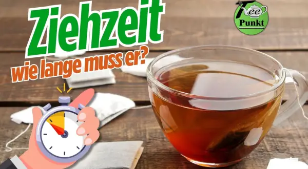 Die Ziehzeit beim Tee machen ist entscheidend. Ein Stoppuhr-Symbol und Teebeutel deuten auf die richtige Zubereitung hin.