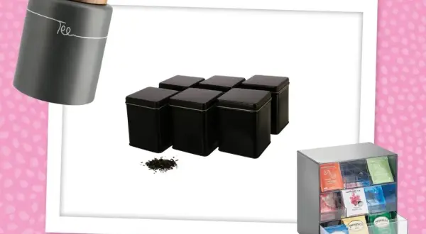 Graue Tee Aufbewahrung Dose mit Holzdeckel, sechs schwarze Tee Dosen und ein Organizer für Teebeutel.