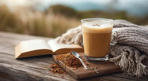 Gemütlicher Moment mit einem Glas Rooibostee mit Milch, einem Buch und einer Decke im Freien.