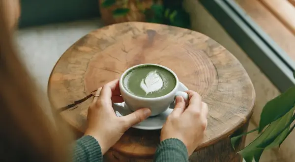 Hände halten eine Tasse cremigen Matcha Latte mit Latte Art auf einem rustikalen Holztisch. Eine gesunde Alternative zu Kaffee.