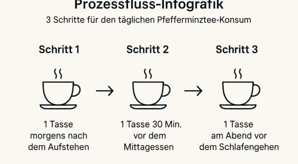 Infografik: 3 Schritte für täglichen Pfefferminztee-Konsum. Morgens, mittags und abends eine Tasse. Pfefferminztee hat kein Koffein.