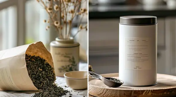 Tee in Tupperware-ähnlicher Dose zur Aufbewahrung. Links lose Teeblätter, rechts eine weiße Dose mit Löffel.
