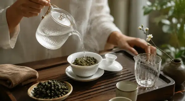 Eine Person übergießt grünen Tee mit heißem Wasser. Der Tee schmeckt bitter, aber die Zubereitung ist ein Ritual.