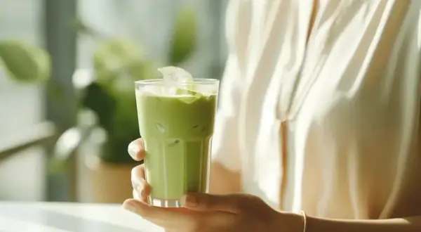 Erfrischender Eiskaffee mit Matcha. Die Wirkung von Matcha Tee auf Hormone ist ein spannendes Thema für Wohlbefinden.
