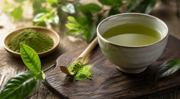 Grüner Tee mit Coffein in Tee, zubereitet aus feinem Pulver auf einem Holzbrett.