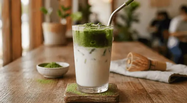 Erfrischender Matcha Frappe mit Milch und Eis, garniert mit Matcha-Pulver. Daneben eine kleine Schale mit Matcha und ein Chasen.