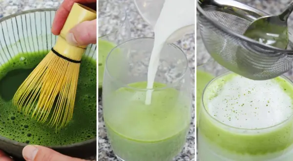 Zubereitung eines cremigen Matcha Latte Macchiato: Matcha wird aufgeschäumt, Milch wird hinzugefügt und das Getränk wird gesiebt.