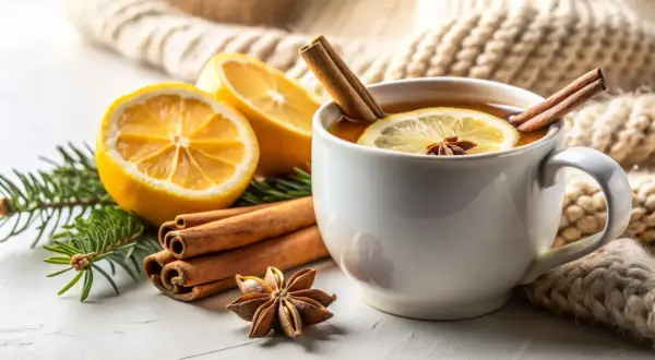 Eine Tasse Tee mit Zitrone und Zimt, umgeben von Zimtstangen, Sternanis und Tannenzweigen. Perfekt, um Zimt in Tee zu mischen für gemütliche Momente.