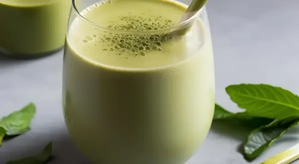 Ein cremiger, grüner Matcha Smoothie mit einer gestreiften Trinkhalm und frischen Minzblättern.