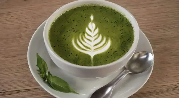 Ein cremiger Matcha Latte mit Latte Art, serviert auf einer Untertasse mit Löffel und grünen Blättern. Perfekt für ein Matcha Kaffee Rezept.