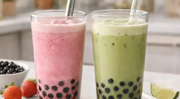 Zwei leckere Bubble Tea mit Erdbeer- und Matcha-Geschmack. Der Koffein-Kick für den Nachmittag.