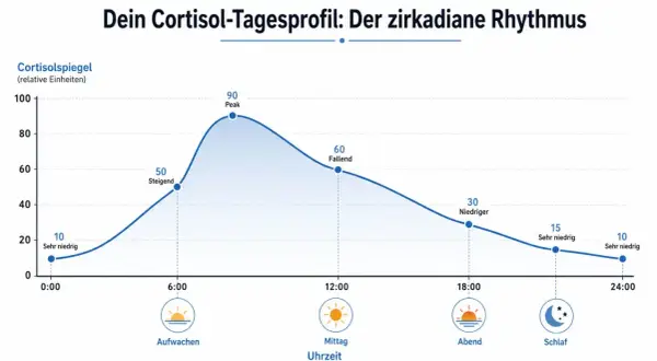 Der Cortisolspiegel schwankt über den Tag. Nach dem Aufwachen steigt er, erreicht am Morgen seinen Höhepunkt und fällt dann ab. Koffein kann diesen natürlichen Rhythmus beeinflussen.