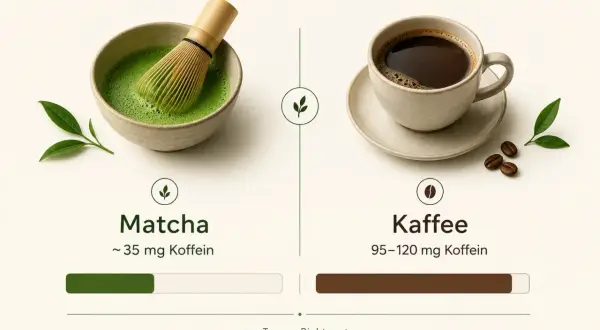 Matcha mit Bambusbesen in Schale und eine Tasse Kaffee. Matcha macht wach, liefert aber weniger Koffein als Kaffee.