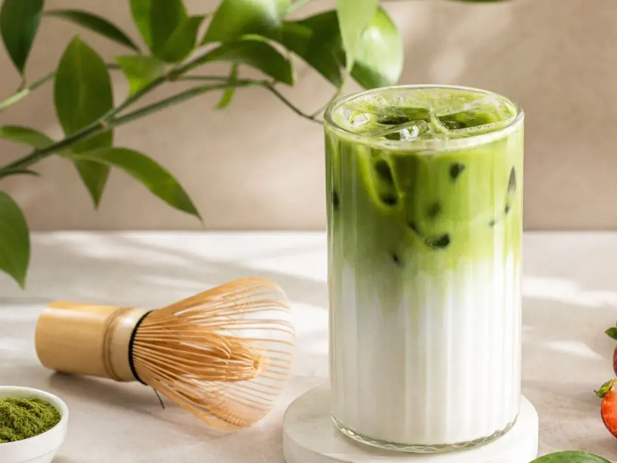 Erfrischender iced matcha mit Eiswürfeln und Milchschichten. Daneben ein Chasen (Bambusbesen) und eine Schale mit Matcha-Pulver.