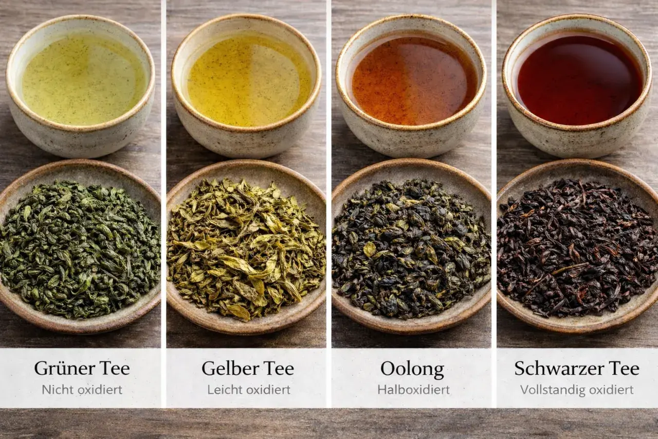 Vier Teesorten: Grüner, Gelber, Oolong und Schwarzer Tee. Der Schwarze Tee, vollständig oxidiert, zeigt eine dunkle Farbe und lässt erahnen, wie er schmeckt.