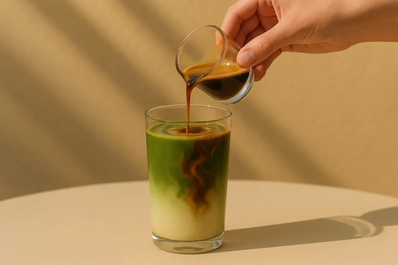 Ein Espresso wird in ein Glas mit cremiger Matcha-Milch gegossen und erzeugt ein schönes Muster.