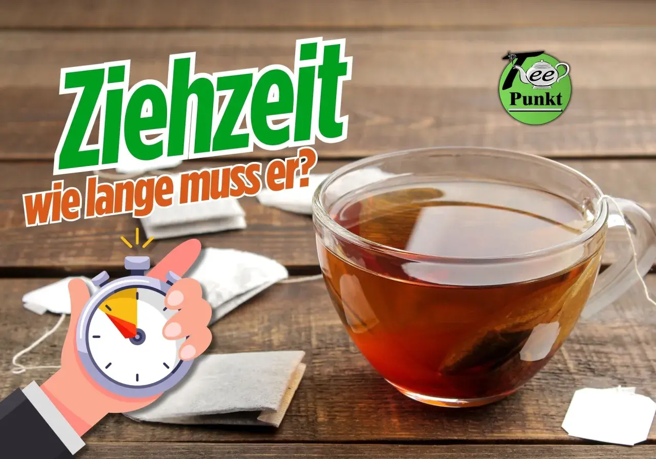 Die Ziehzeit beim Tee machen ist entscheidend. Ein Stoppuhr-Symbol und Teebeutel deuten auf die richtige Zubereitung hin.