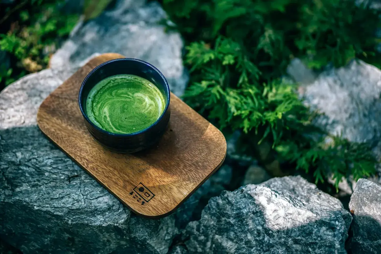 Eine Schale cremiger Matcha-Tee auf einem Holzbrett, umgeben von Steinen und Grün. Perfekt für eine ruhige Matcha-Stillzeit.