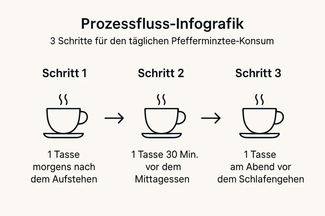 Infografik: 3 Schritte für täglichen Pfefferminztee-Konsum. Morgens, mittags und abends eine Tasse. Pfefferminztee hat kein Koffein.