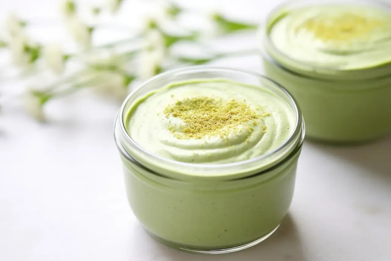 Cremiges Matcha-Dessert in einem Glas, bestreut mit feinem Matcha-Pulver. Ein Hauch von Frische und Grün.