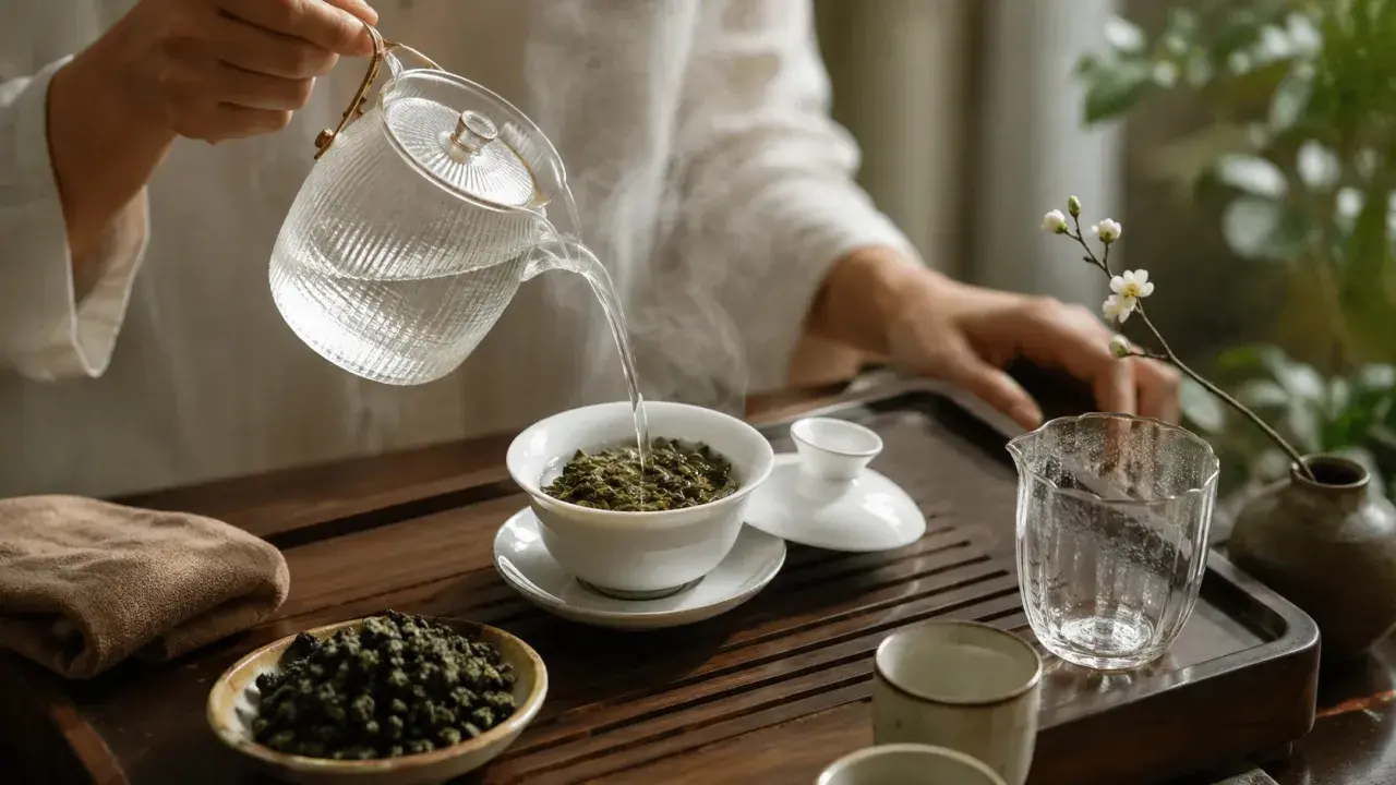 Eine Person übergießt grünen Tee mit heißem Wasser. Der Tee schmeckt bitter, aber die Zubereitung ist ein Ritual.