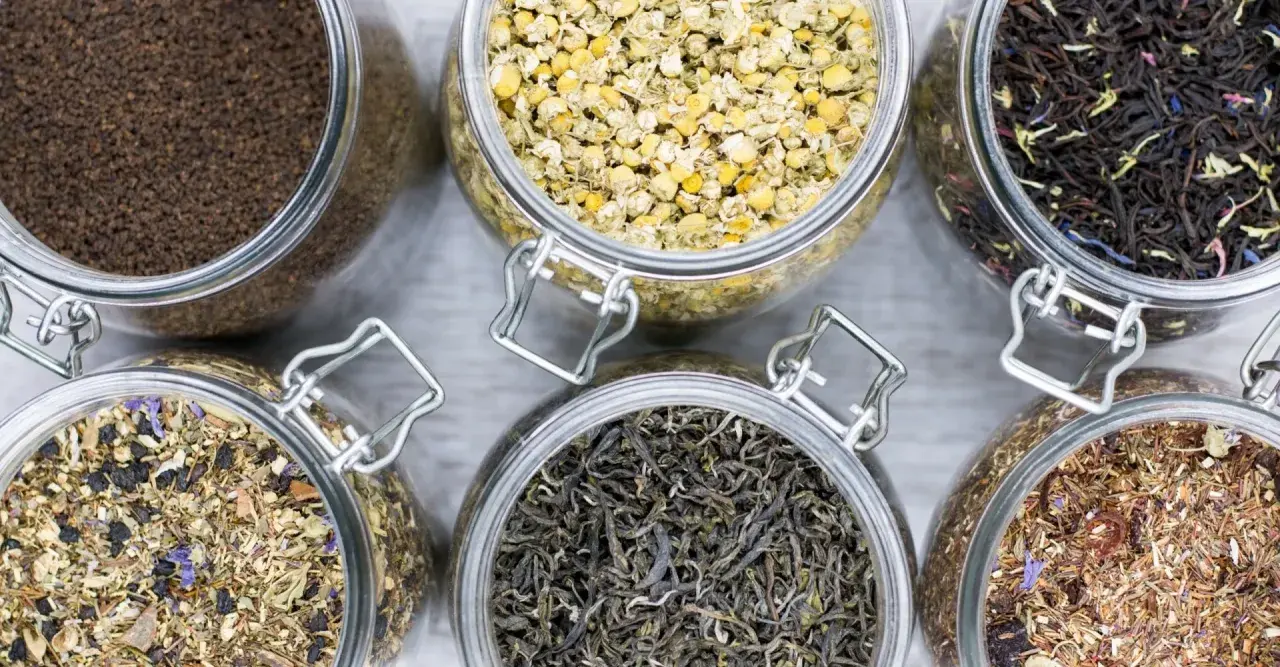 Sechs Gläser mit verschiedenen blattgrad tee Sorten: Kamille, schwarzer Tee, grüner Tee, Rooibos und Kräutermischungen.