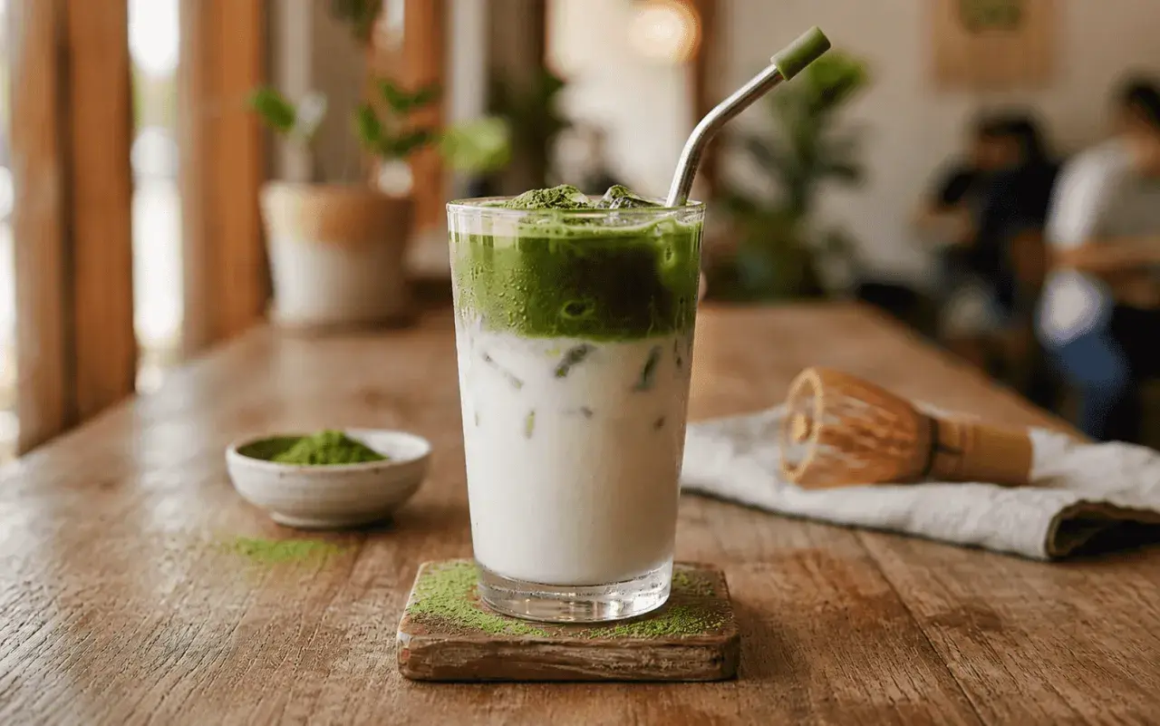 Erfrischender Matcha Frappe mit Milch und Eis, garniert mit Matcha-Pulver. Daneben eine kleine Schale mit Matcha und ein Chasen.
