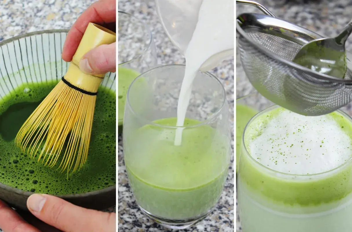 Zubereitung eines cremigen Matcha Latte Macchiato: Matcha wird aufgeschäumt, Milch wird hinzugefügt und das Getränk wird gesiebt.