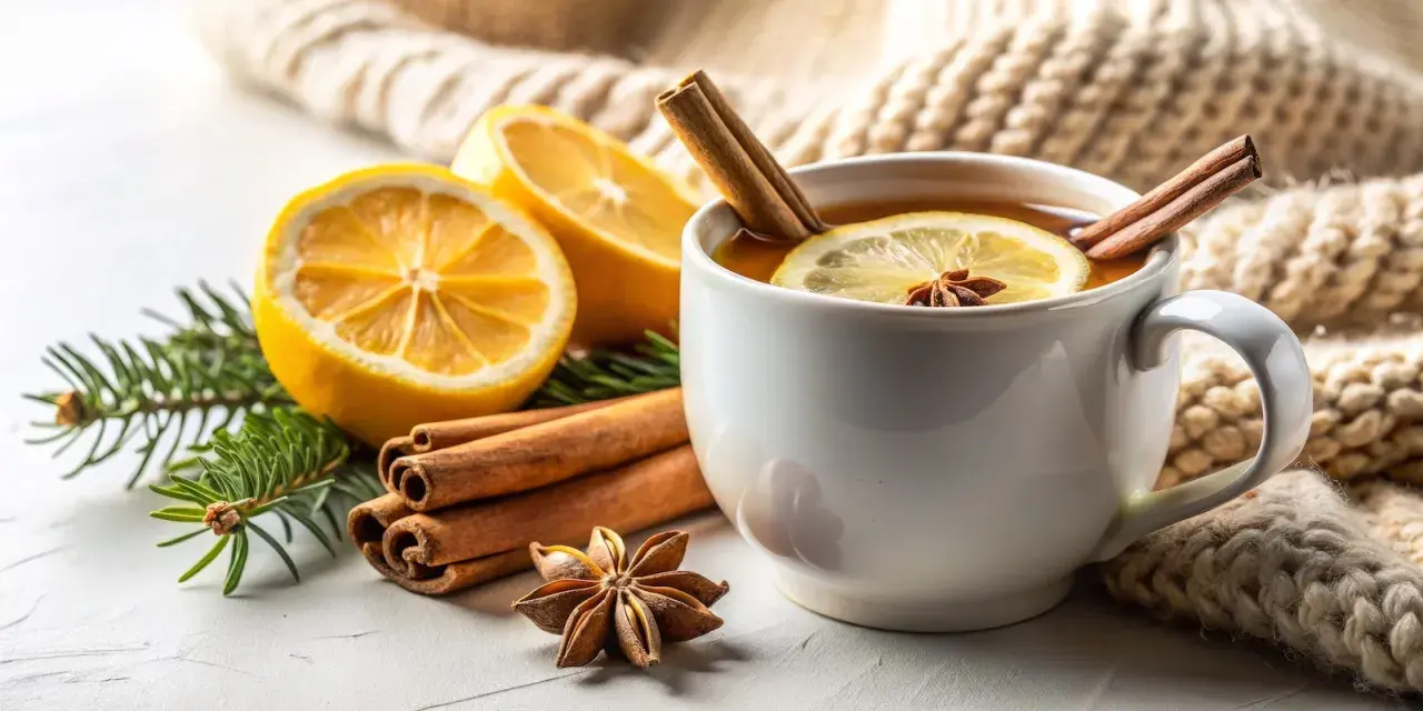 Eine Tasse Tee mit Zitrone und Zimt, umgeben von Zimtstangen, Sternanis und Tannenzweigen. Perfekt, um Zimt in Tee zu mischen für gemütliche Momente.