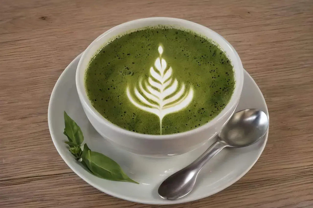 Ein cremiger Matcha Latte mit Latte Art, serviert auf einer Untertasse mit Löffel und grünen Blättern. Perfekt für ein Matcha Kaffee Rezept.