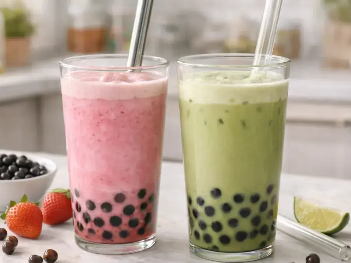 Zwei leckere Bubble Tea mit Erdbeer- und Matcha-Geschmack. Der Koffein-Kick für den Nachmittag.