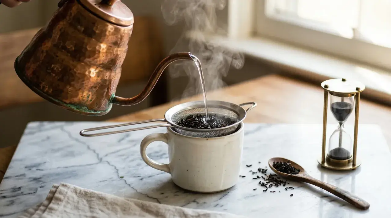 Heißes Wasser aus Kupferkessel ergießt sich über Schwarztee. Die richtige Temperatur ist entscheidend für den perfekten Aufguss. Eine Sanduhr misst die Ziehzeit.