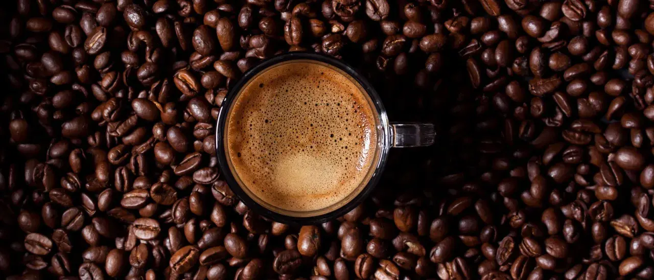 Eine Tasse Espresso auf gerösteten Kaffeebohnen. Wenn zu viel Koffein im Spiel ist, hilft Wasser und Geduld.