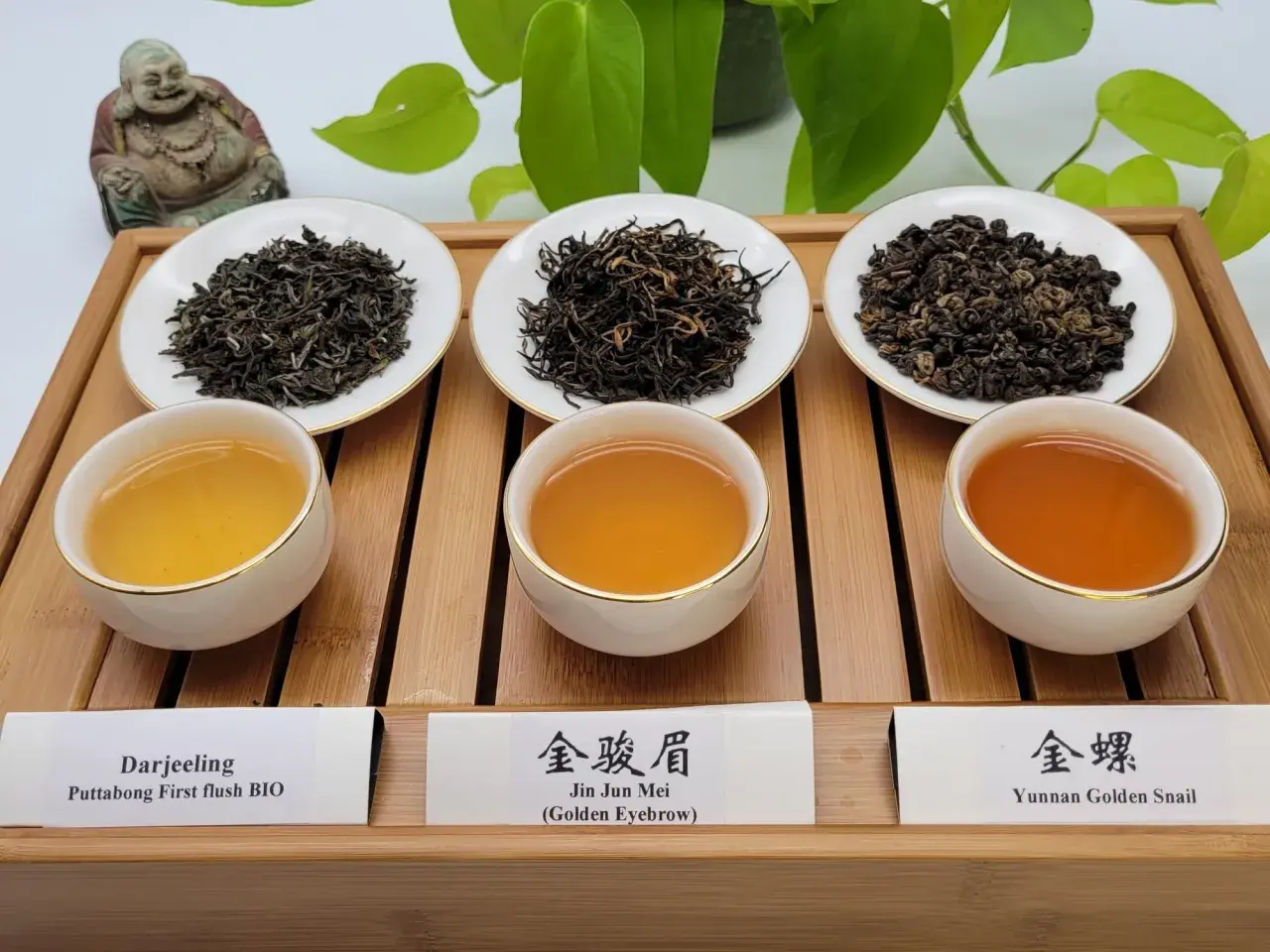 Drei Schalen mit verschiedenen Teesorten: Darjeeling, Jin Jun Mei und Yunnan Golden Snail. Sie zeigen, woraus schwarzer Tee bestehen kann.