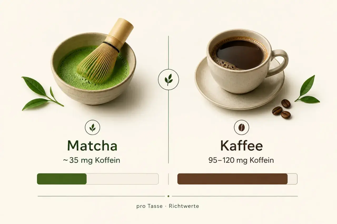 Matcha mit Bambusbesen in Schale und eine Tasse Kaffee. Matcha macht wach, liefert aber weniger Koffein als Kaffee.