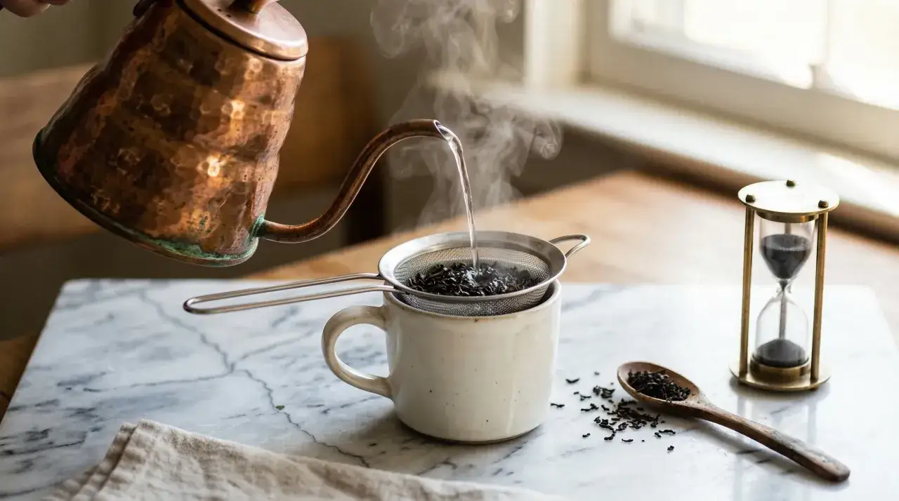 Hei&szlig;es Wasser aus Kupferkessel ergie&szlig;t sich &uuml;ber Schwarztee. Die richtige Temperatur ist entscheidend f&uuml;r den perfekten Aufguss. Eine Sanduhr misst die Ziehzeit.