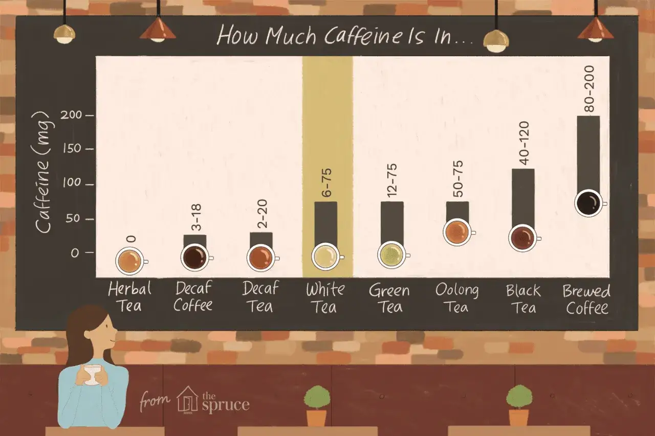 Vergleich von Koffein in Getränken: Weißer Tee hat 6-75 mg Koffein, weniger als schwarzer Tee oder Kaffee.