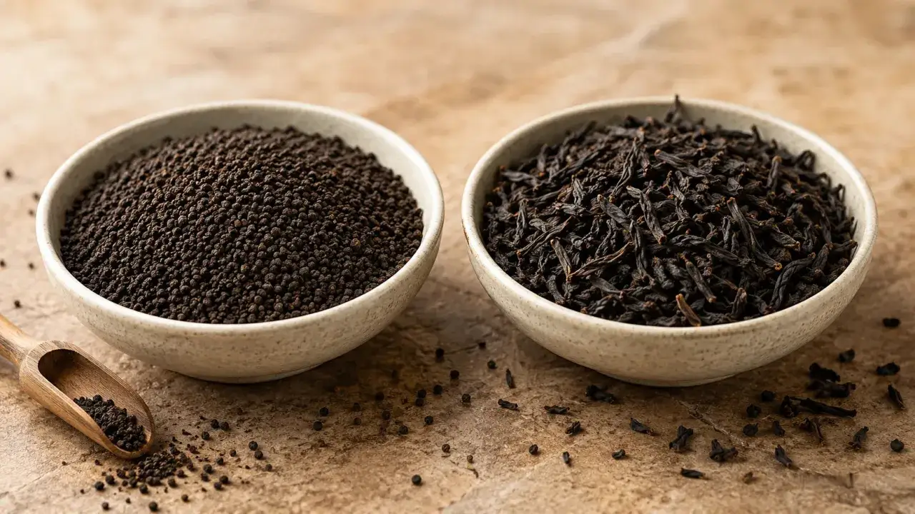 Zwei Schalen mit schwarzem Tee: links feine Granulat-Tee, rechts lose Blatt-Tee. Die CTC-Bedeutung liegt in der feinen Textur f&uuml;r kr&auml;ftigen Geschmack.