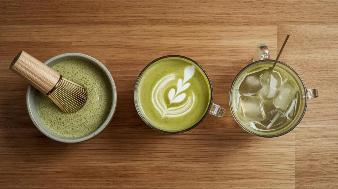 Matcha-Schale mit Besen, Latte Art und Eistee. Ideal für dein Ziel: matcha zum abnehmen.