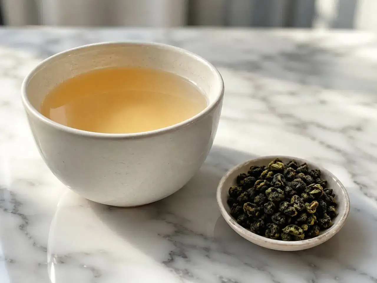 Eine Tasse goldener Oolong Tee neben einer kleinen Schale mit gerollten Oolong Tee Bl&auml;ttern, die wie kleine Krebs-Figuren aussehen.