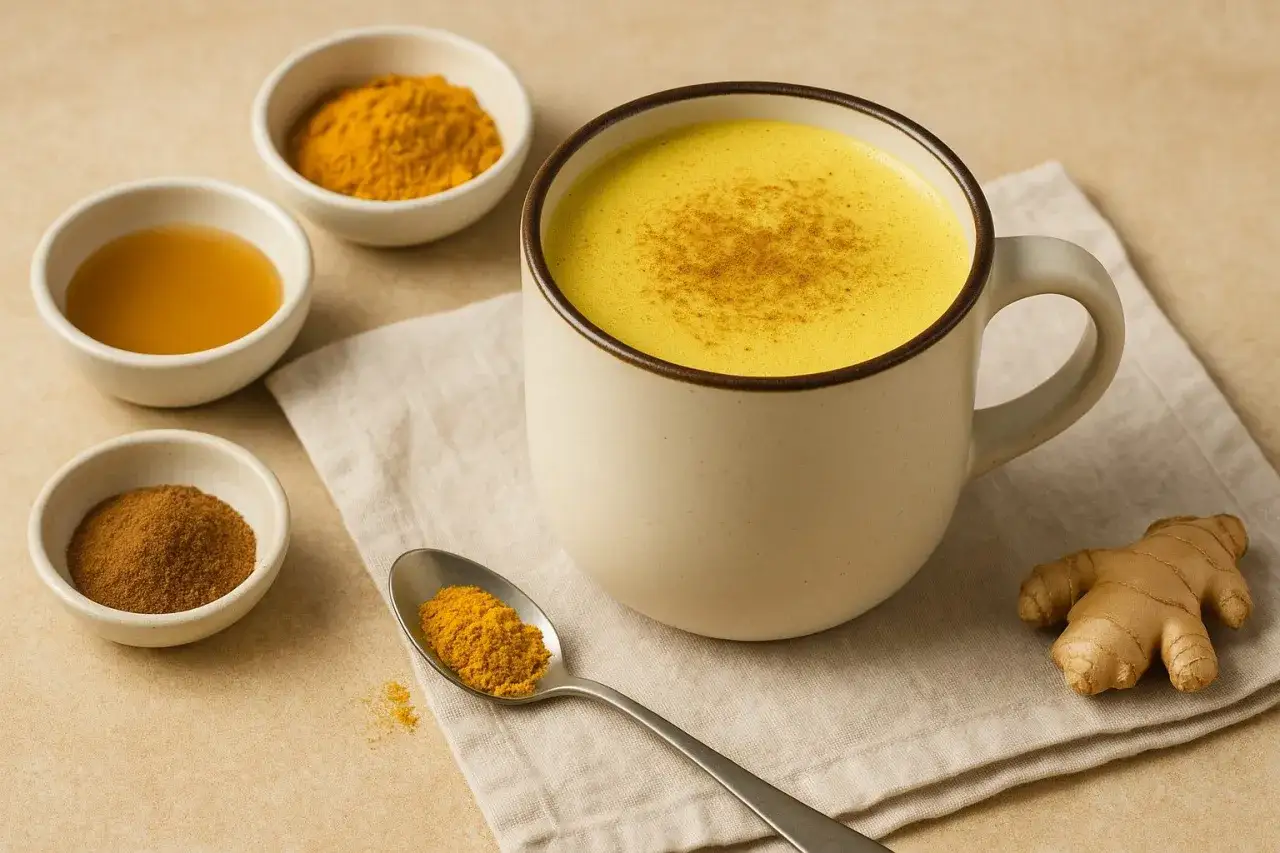 Goldene Milch: Zutaten f&uuml;r Kurkuma Tee zubereiten &ndash; Kurkumapulver, Honig, Zimt und Ingwer neben einer dampfenden Tasse.
