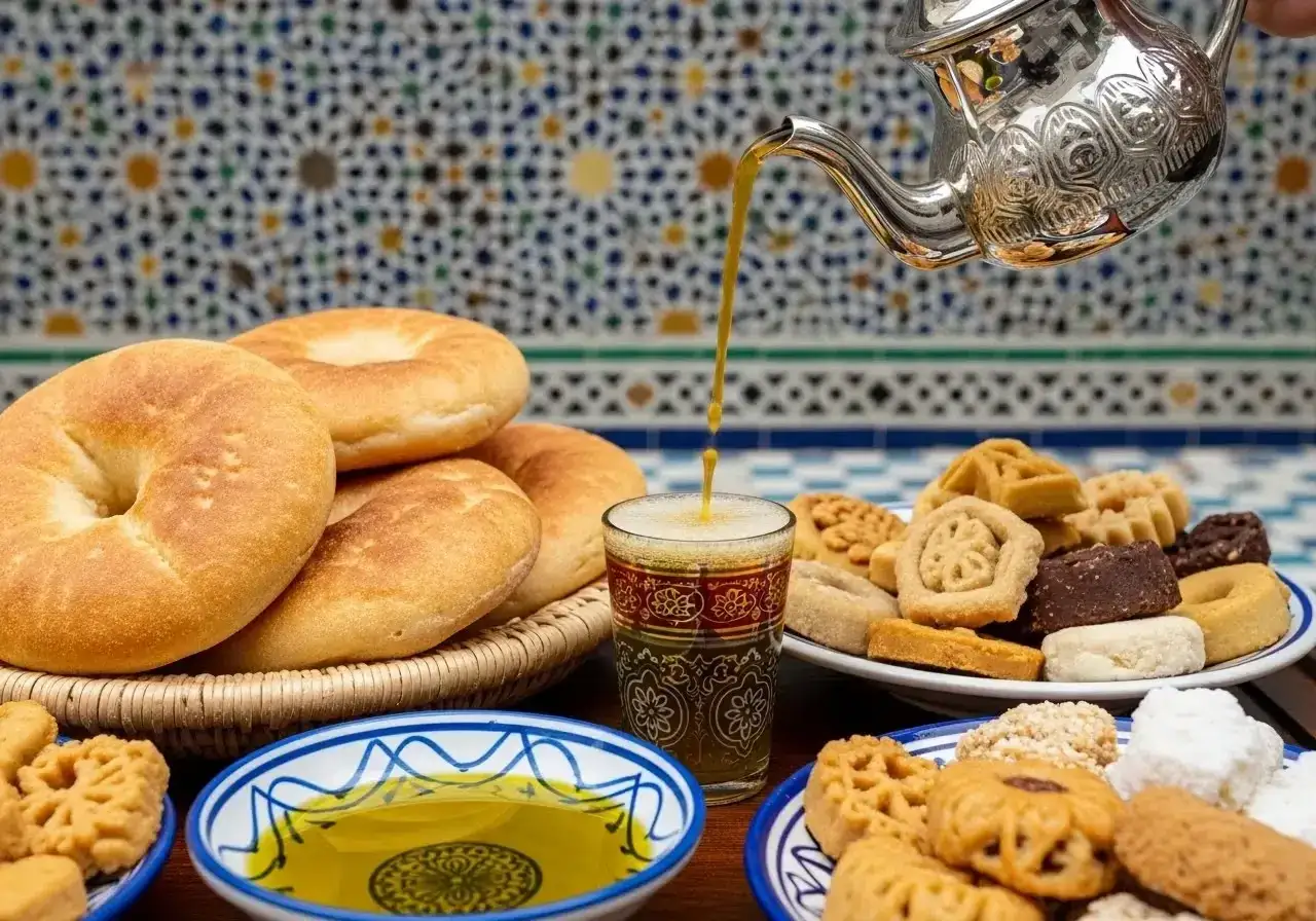 Marokkanische Minze Tee Zubereitung: Ein silberner Teekessel gie&szlig;t duftenden Tee in ein verziertes Glas. Dazu gibt es frisches Brot, Oliven&ouml;l und orientalische Kekse.