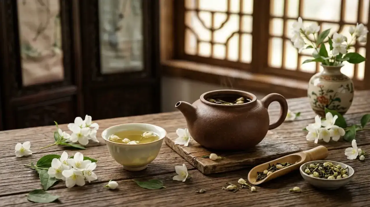 Dampfender Jasmintee in einer Teetasse und Kanne, umgeben von frischen Jasminbl&uuml;ten. So duftet und schmeckt Jasmintee.