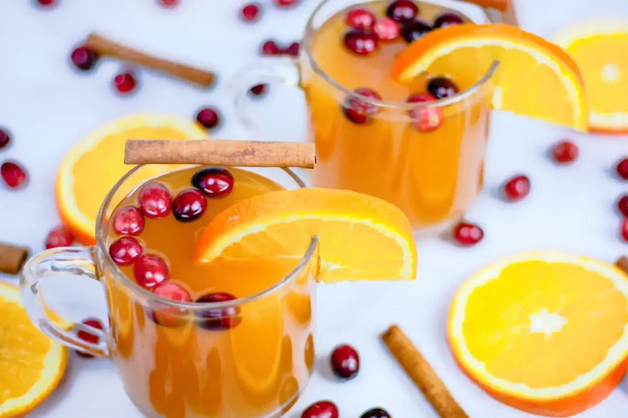 Zwei Gl&auml;ser mit hei&szlig;em Tee, garniert mit Cranberries und Orangenscheiben. Zimtstangen liegen daneben.
