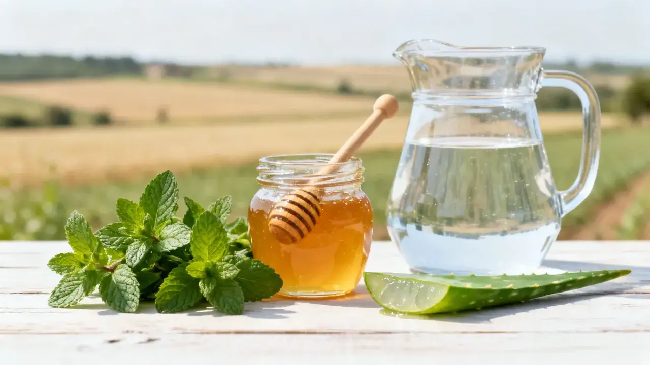 Frischer Pfefferminztee mit Honig und Aloe Vera – eine Wohltat für Körper und Geist. Die Wirkung von Pfefferminztee mit Honig ist beruhigend und wohltuend.