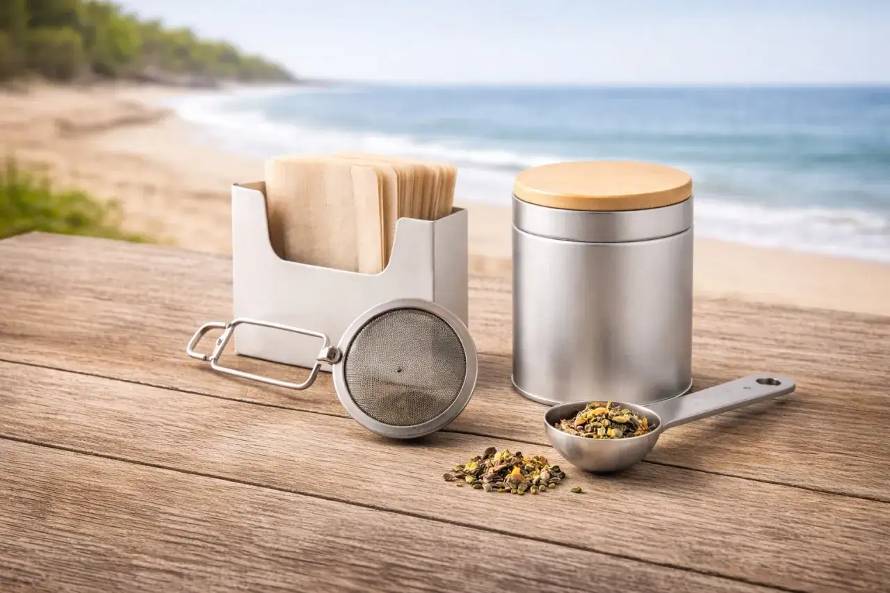 Bereit, Tee zu servieren: Teedose, Sieb und lose Teebl&auml;tter auf Holzplanken am Strand.