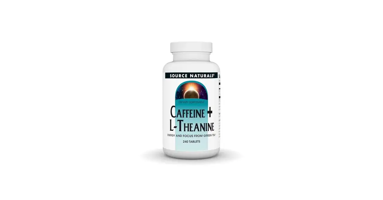 Flasche mit Source Naturals Koffein + L-Theanin, 240 Tabletten. Die ideale Dosierung f&uuml;r Energie und Fokus.