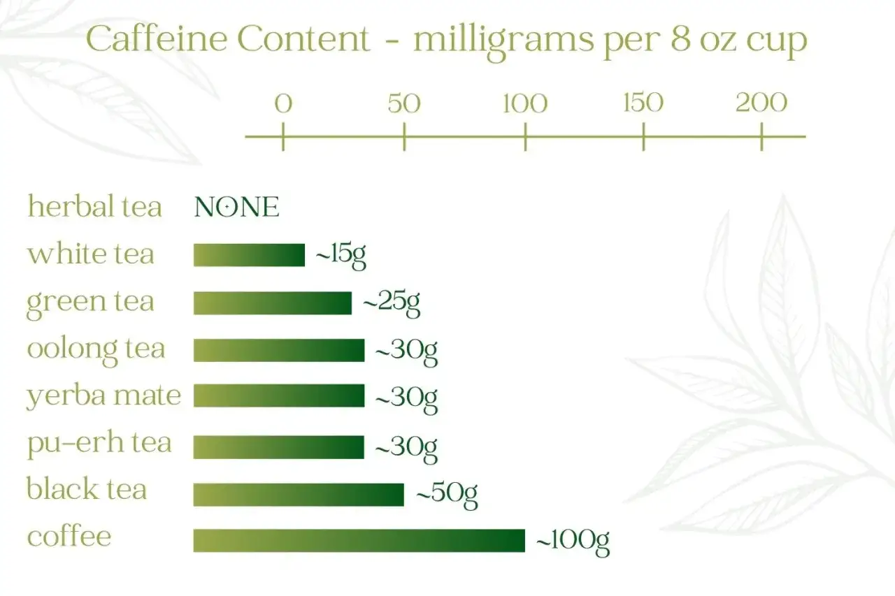 Vergleich des Koffeingehalts von Tee und Kaffee pro 8 oz Tasse: Kr&auml;utertee (kein Koffein), wei&szlig;er Tee (~15g), gr&uuml;ner Tee (~25g), Oolong (~30g), Yerba Mate (~30g), Pu-Erh (~30g), schwarzer Tee (~50g), Kaffee (~100g).