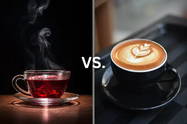 Schwarzer Tee vs. Kaffee: Ein Vergleich von Koffein und Geschmack. Dampfender Tee trifft auf Latte Art.