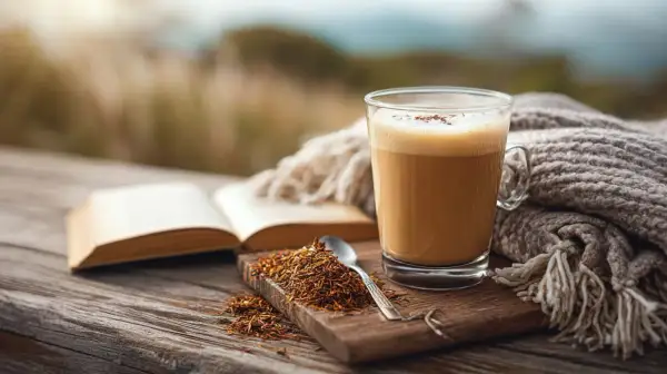 Gemütlicher Moment mit einem Glas Rooibostee mit Milch, einem Buch und einer Decke im Freien.